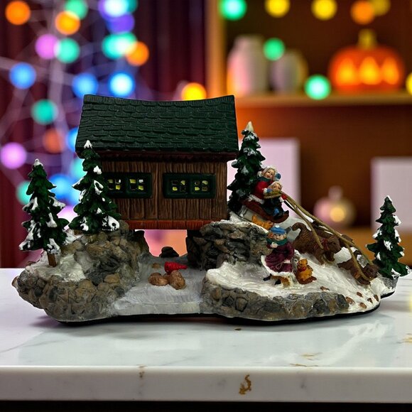 Vintage Dickens Collectables Sledding Scene With Covered Bridge From 1998 - Picture 1 of 12